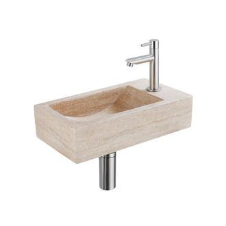 Saniclass Fuente Fonteinset - 40x22x10cm - kraangat rechts - fonteinkraan geborsteld RVS PVD - afvoerplug - verlaagd sifon - gemeleerd natuursteen