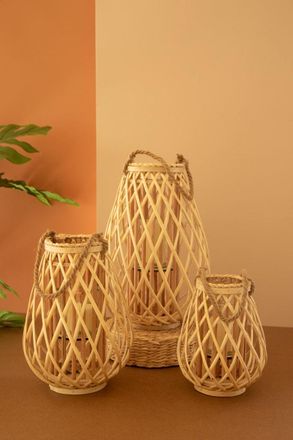 Kalalou Set Of Three Willow Lanterns With Glass Insert - Natural