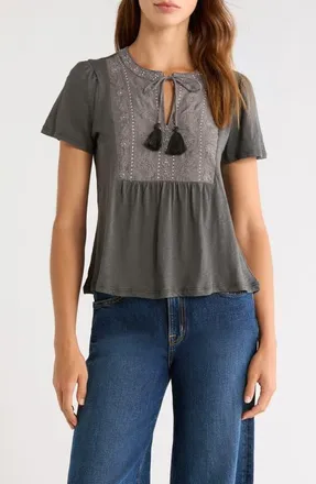 Lucky Brand Embroidered Peasant Top in Castlerock at Nordstrom, Size Xx-Large