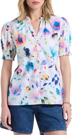 Robert Graham Mila Short Sleeve Woven Shirt in White Multi at Nordstrom Rack, Size X-Large