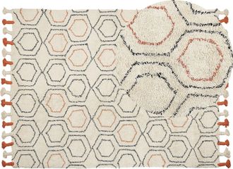 Beliani Alfombra De Algod&oacute;n Beige Naranja Negro 160 X 230 Cm A Mano Geom&eacute;trico Borlas Hajipur