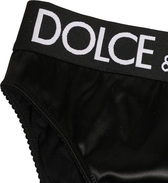 Dolce & Gabbana Black Satin High-Waist Brief Logo Women Underwear Elastane Silk Clothing