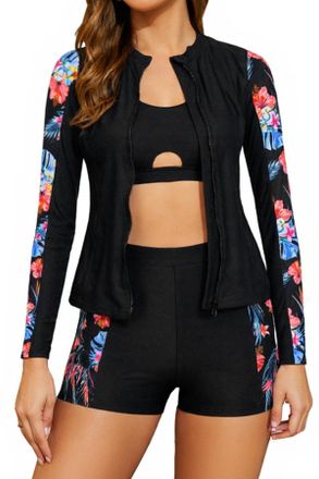 SHEKINI Womens 3 Piece Rash Guard Sets Long Sleeve Zip Up UV Sun Protection Swimwear Slim Fit Beach Surfing Swimsuits Swim Shirt with Boyshorts