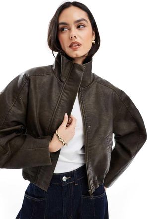 Asos Giacca bomber in pelle sintetica con collo a imbuto marrone testurizzato