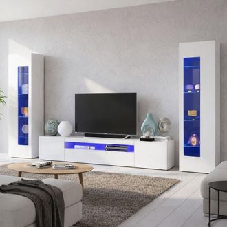 Dmora Sistema Modular De Pared Para Sal&oacute;n, Made In Italy, Mueble De Pared Y Mueble Para Tv, Juego De Sal&oacute;n Moderno, 300x40h162 Cm, Color Blanco Brillante, C
