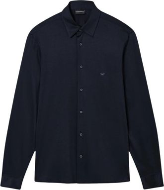 Emporio Armani Slim-fit overhemd van jersey met Lyocell-mix - Heren - Casual Overhemden - Blauw - M - Leer - Overhemden