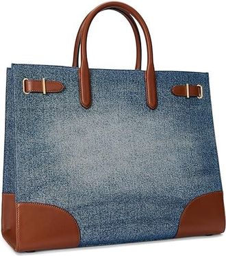 Lauren Ralph Lauren Leather-trim Denim Large Devyn Tote Bag Tote Handbags Sunset Indigo Wash/Lauren Tan, Denim/Leather