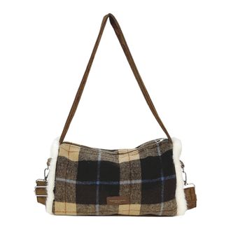 Generic Cymwer Autumn Plaid Crossbody Bag Cylindrical Bag with Zipper Closure for Women (Brown)