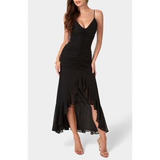 Bebe Cascading Ruffle Ruched Chiffon High-Low Dress in Black at Nordstrom Rack, Size X-Large