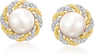 Ross-Simons 7-7.5mm Cultured Pearl and. Diamond Earrings in 18kt Gold Over Sterling