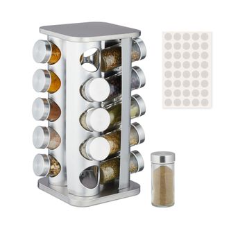 Relaxdays Relaxdays Portaspezie Da Cucina, 20 Barattoli 40 Etichette, Girevole A 360&deg;, Acciaio Inox E Vetro 33,5x20x20 Cm, Argento