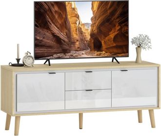 HOMCOM Homcom Mueble De Tv Moderno De 2 Puertas, Mueble De Tv Para Sal&oacute;n Con 2 Cajones, Orificios Y Estantes Extra&iacute;bles, 120x35x50 Cm, Blanco Brillo Y Roble