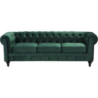 Beliani Sof&aacute; Chesterfield Tapizado En Tela De Terciopelo Verde Patas De Madera Oscura 3 Plazas Estilo Cl&aacute;sico Chesterfield