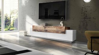 Dmora Dmora - Mueble De Televisi&oacute;n Dmirand, Aparador Bajo Para Sal&oacute;n, Base Soporte Tv, 100% Made In Italy, Cm 200x45h52, Blanco Brillo Y Arce