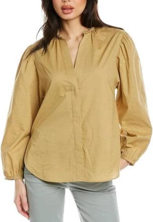 Vince Top Womens Beige Cotton Braid Trim Ruched Button Front Blouse JZZ296