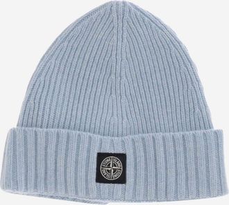 Stone Island Boys Wool Blend Beanie With Logo Light Blue Hat