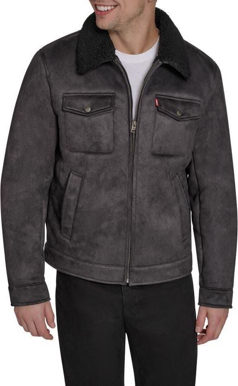 Faux Shearling Lined Trucker Jacket in Black at Nordstrom, Size Xx-Large