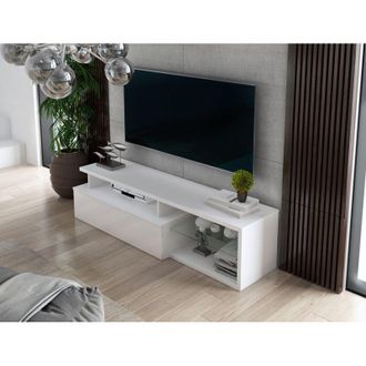 Dmora Dmora - Mueble De Televisi&oacute;n Baltico, Aparador De Sal&oacute;n, Mueble Bajo Para Tv, Base De Pared Equipada, 160x38h41 Cm, Blanco Y Blanco Brillante