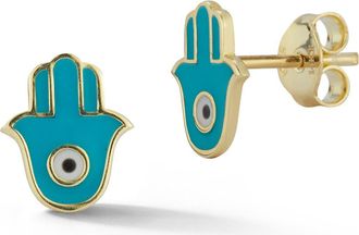 Ember Fine Jewelry 14K Gold Hamsa Stud Earrings in Gold/Blue at Nordstrom Rack