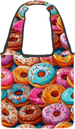 Generic Colorful Sweet Donuts Reversible Canvas Shoulder Tote - Double-Sided Print, 12oz Cotton, 27cm Drop, Fold-Flat Bag for Travel, Shopping, Street Outings