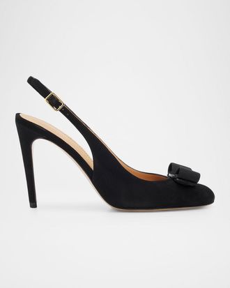 Ferragamo 95mm Vibily Bow Suede Slingback Pumps