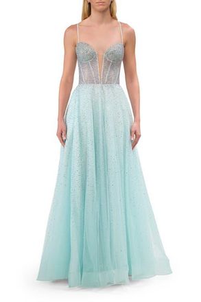 La Femme Prom Gown with Rhinestone Tulle and Illusion Corset Bodice in Arctic Blue at Nordstrom, Size 12