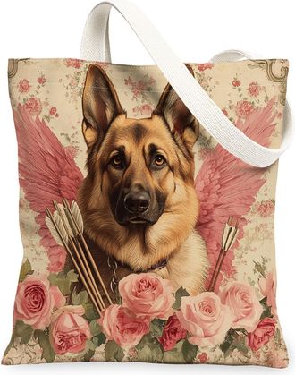 Generic Valentines Day German Shepherd Dog Canvas Tote Bag for Shopping 13x15, Vintage Puppy Reusable Grocery Print Pattern Bag for Women, Retro Pet Beach Aes