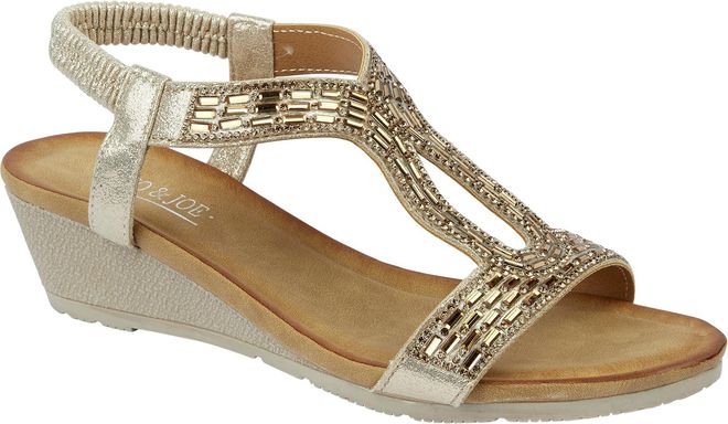 Ladies Mid Heel Wedge Comfort Sandal with Glitzy Jewels and Elasticated Slingback Strap, Flexible sole sizes 4-8 (Rose Gold, UK Footwear Size System, 