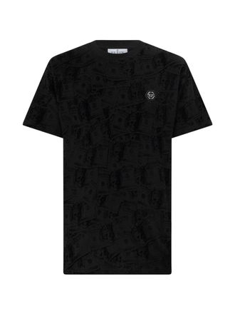 Philipp Plein Black Canvas T-Shirt with Dollar-Bill Print and Logo Plaque