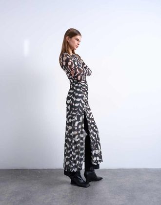 Topshop Vestito a maniche lunghe lungo in rete multicolore con stampa animalier