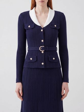 Self Portrait Cardigan slim fit in maglia a coste con rever e cintura