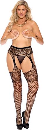 Elegant Moments Diamond Net and Lace Suspender Pantyhose - Black - Qs