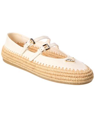 Prada Logo Leather & Raffia Ballet Flat