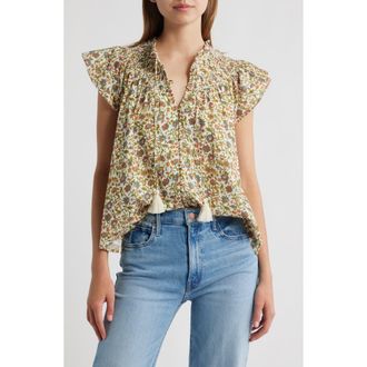Cleobella Dira Smocked Tassel Tie Organic Cotton Top in Viti Flora Print at Nordstrom Rack, Size X-Large