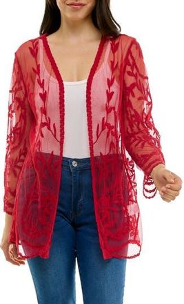 Nina Leonard Embroidered Mesh Open Front Shirt in Nina Red at Nordstrom Rack, Size Medium
