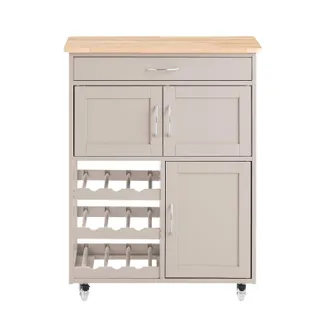 SoBuy Carrello Cucina Legno Credenza Grigio Con 1 Cassetto, 2 Armadietti E 2 Portabottiglie, Piano In Legno Di Hevea, Colore Di Cachi L67xp38xa87cm Fkw45-ka