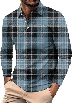 Generic Mens Long Sleeve Button Down Polo Shirt Regular Fit Mens Long Sleeve 3D Printed Button Lapel Comfortable and Fashionable Shirt Top for Work Business H