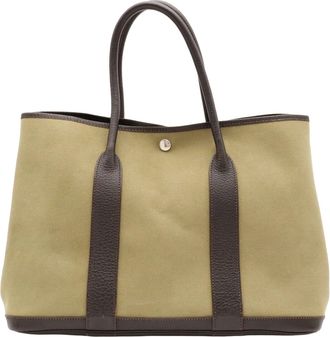 Herm&egrave;s Dark Brown Khaki Canvas Leather Handbag Tote Bag (Pre-Owned)