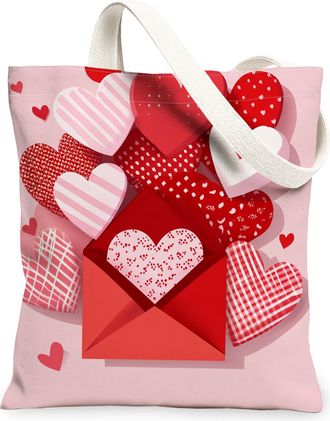 Generic Valentines Heart Canvas Tote Bags, Love Pattern Reusable Grocery Bags, Spring Elegant Chic Lightweight Washable Canvas for Travel Beach Picnic 13x15 I