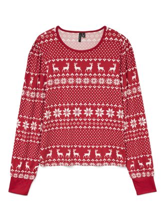Vero Moda Langarmshirt VERO MODA VMCHRIS LS O-NECK TOP JRS XMAS, Damen, Gr. XS, karanda rot aop:snow wei&szlig; xmas, Jersey, Obermaterial: 95% Polyester, 5% Elasthan
