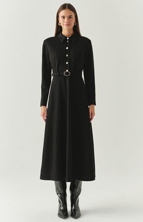 Exquise Georgina Shirt Collar Long Sleeve Knit Dress With Pockets in Black at Nordstrom, Size X-Small