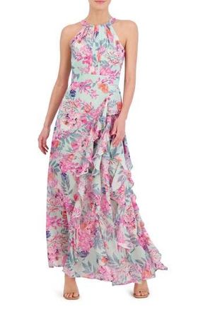 Eliza J Floral Print Asymmetric Ruffle Sleeveless Maxi Dress in Mint at Nordstrom Rack, Size 14