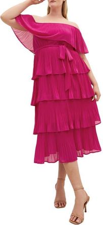 City Chic Night Garden Off the Shoulder Tiered Dress in Hot Pink at Nordstrom, Size Xxxs