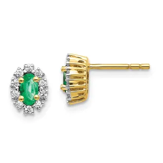 Diamond2Deal 14k Yellow Gold 1/5 Ct Lab Grown Diamond and Oval Created Emerald Halo Stud Earrings