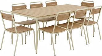 Oviala Conjunto de mesa de jard&iacute;n de metal y polywood y 8 sillas color crema