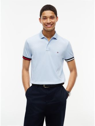 Tommy Hilfiger Mens Slim Fit Flag Cuff Smooth Cotton Polo - Sky Blue - XXL