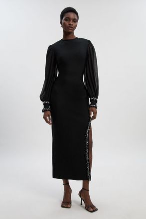 Karen Millen Womens Petite Embellished Figure Form And Chiffon Sleeve Midi Dress - Black - Size X-Small