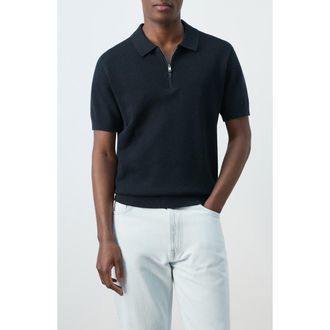 Mango Solid Cotton Waffle Zip Polo Sweater in Navy at Nordstrom, Size Medium