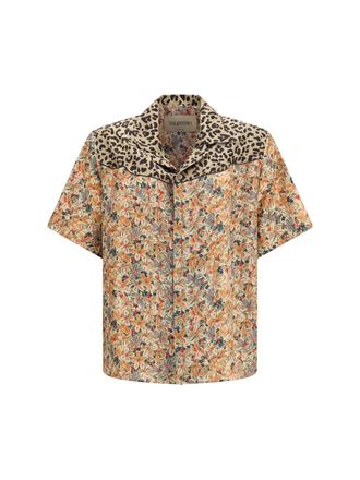 Valentino Mens Shirt Short-Sleeve Silk Floral & Leopard Print Multicolour