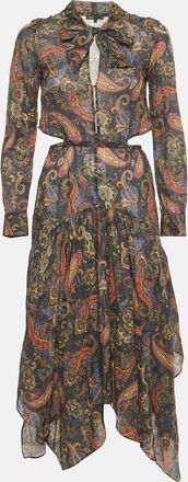 Maje Blue Paisley Print Citton Cut-Out Asymmetric Midi Dress